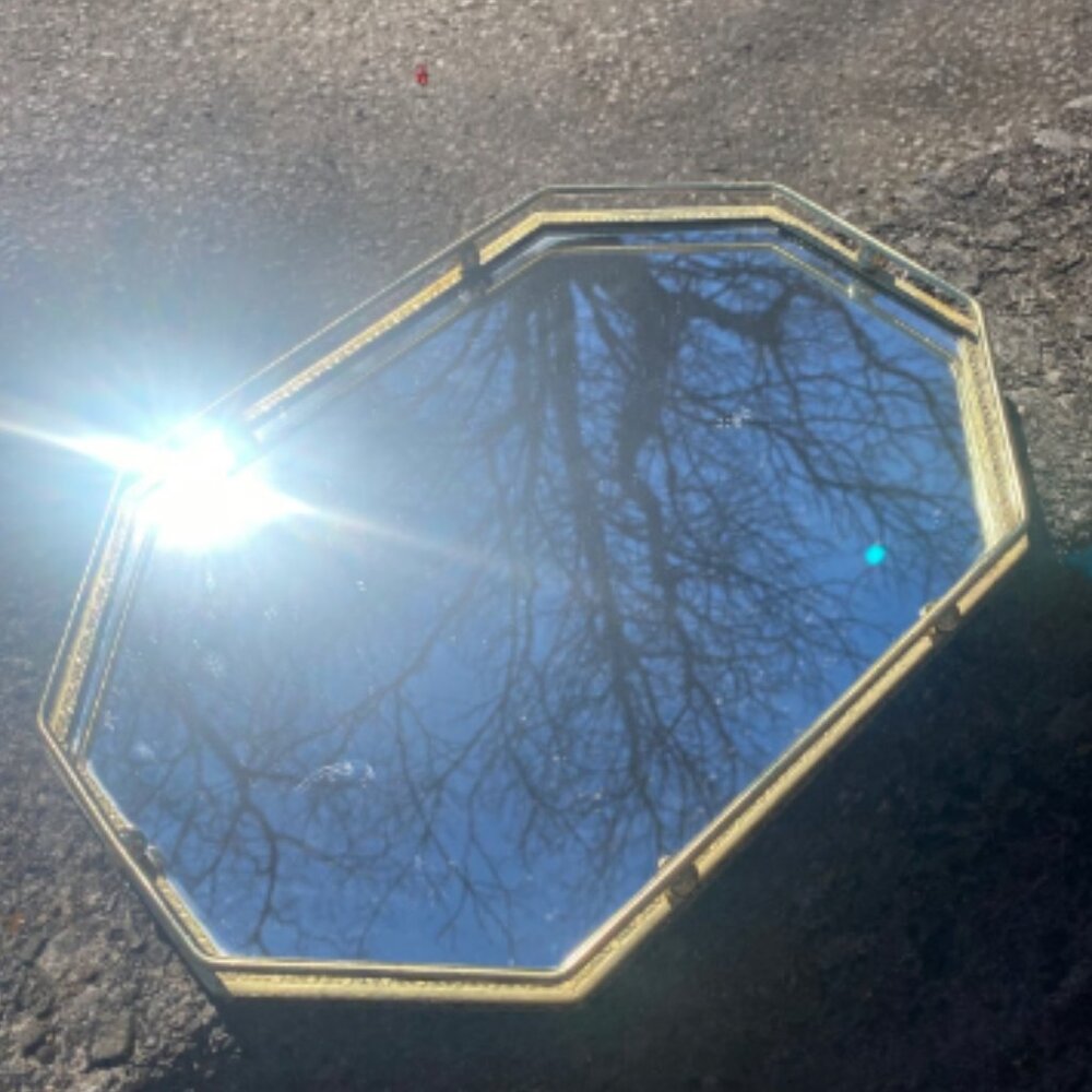 Vintage MCM Mirror Vanity Tray Octagon Brass/Gold Made in Korea 13x9"